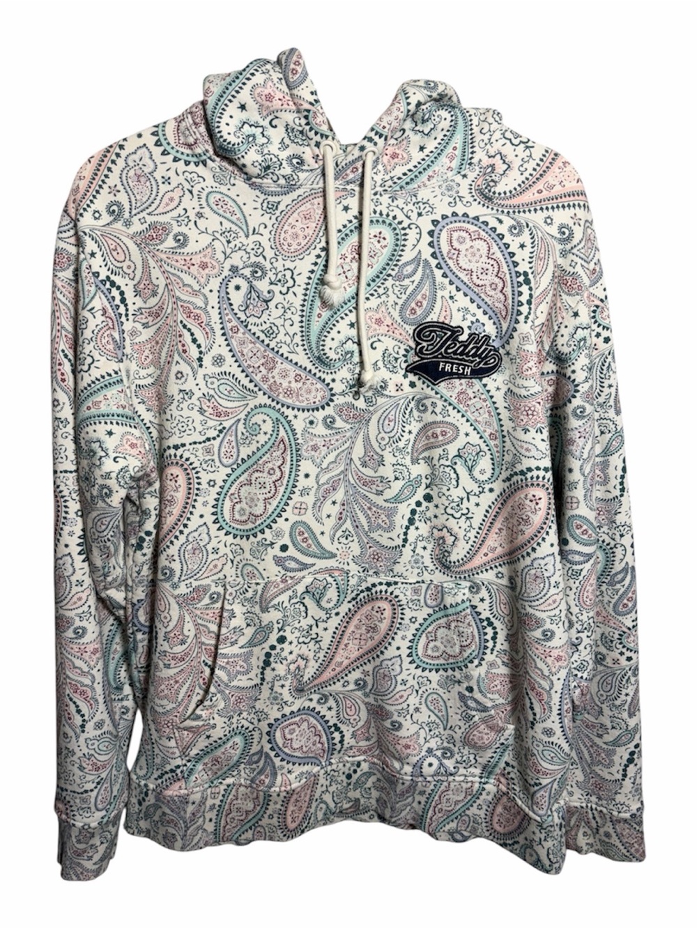 Teddy Fresh Men's Paisley Print Hoodie - White with Pink & Teal